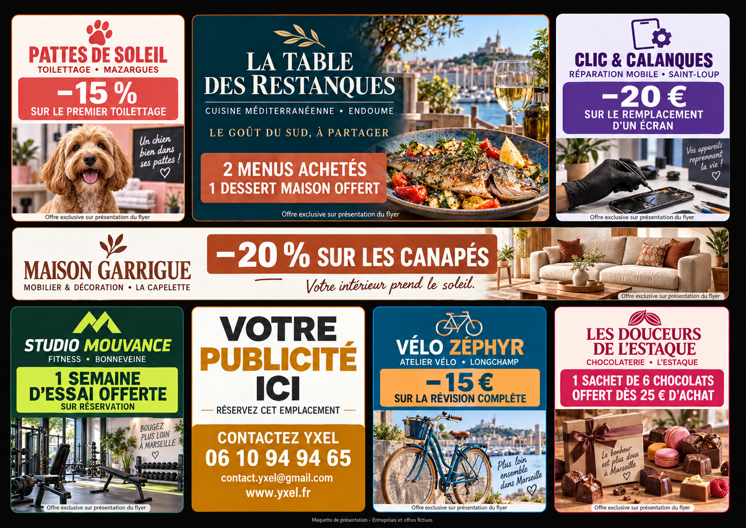 Maquette du verso du flyer YXEL avec huit emplacements dont un bandeau central